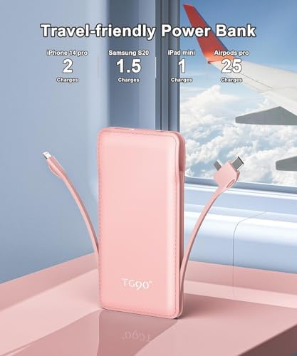Ultra-Slim 10,000 m Ah TG90° Portable Power Bank with Built-in Lightning and USB-C Cables – Fast Charging, Lightweight Battery Backup for i Phone and Android Devices – Essential On-the-Go Charger for Busy Lifestyles