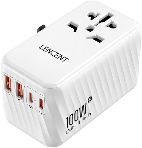 LENCENT 85 W Universal Travel Adapter with Retractable USB-C Cable – High-Speed International Plug Converter Featuring 3 Type-C & 1 USB-A Ports for Effortless Worldwide Charging – Your Ultimate Travel Essential for Maximum Compatibility, Fast Charging, and Ga N Technology Efficiency