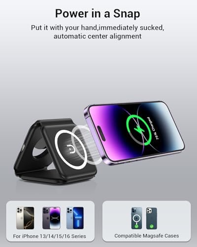 Ultimate 3-in-1 Magnetic Wireless Charging Station – Fast and Portable Mag-Safe Charger for i Phone 16/15/14/13/12 Series, Apple Watch & Air Pods with Adapter Included – Compact Design for Effortless Travel and Enhanced Device Compatibility