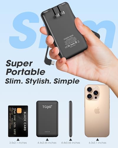 Ultra-Compact TG90° Portable Charger: 5000 m Ah Power Bank with Integrated AC Wall Plug and Triple Output for i Phone and Android Devices – Fast Charging Made Effortless and Convenient