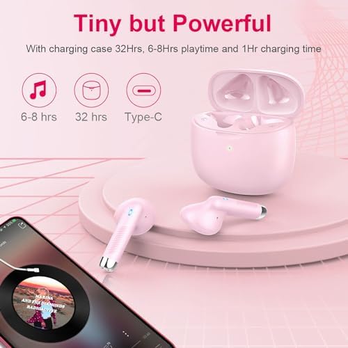 Light Pink Bluetooth 5.3 Wireless Earbuds – Exceptional Noise Cancelling Sports Headphones with IP7 Waterproof Design for Unmatched Outdoor Performance – 32 Hours of Playtime & Quick USB-C Charging for Ultimate Audio Convenience