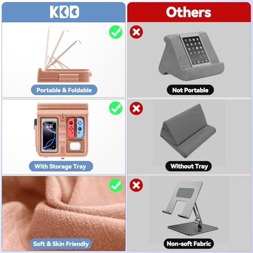 KDD Multifunctional Tablet Pillow Stand – Adjustable Foldable i Pad Holder for Bed, Lap, and Desk with Soft Pad Dock and Stylus Storage – Compatible with i Pad Pro (12.9, 10.5, 11), Air, Mini, Phones, and Books – Ultimate Comfort and Versatility for Hands-Free Use