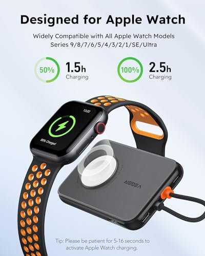 VEGER 5000 m Ah Mini Power Bank with Built-in Cable – PD 20 W Fast Charger for i Phone 14/13/12/Pro Max, Android Devices & Apple Watch – Lightweight Travel Essential in Vibrant Yellow – Ultimate Charging Solution for On-the-Go Connectivity