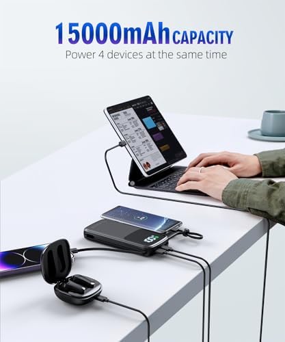 Ultimate 15,000 m Ah Portable Power Bank with Integrated AC Plug and Dual Output Cables – PD 30 W Fast Charging for i Phone, i Pad, and All Devices – Lightweight, Compact Design with LED Battery Indicator for On-the-Go Charging Solutions