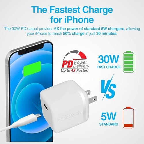 Naztech 30 W USB-C PD Fast Wall Charger with 6 ft MFi Certified USB-C to Lightning Cable – Optimal Charging Solution for i Phone, Android & Laptops – Travel-Friendly Power Delivery Adapter in Sleek White Finish – Rapid Charging Meets Durability