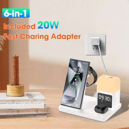 Ultimate 6-in-1 Wireless Charging Station for Samsung & Android: Fast Charger with Alarm Clock & Night Light for Galaxy S25 Ultra, S24, S23, and Samsung Watch7 – Space-Saving Design, Enhanced Compatibility, and Sleek Black Finish for Modern Living