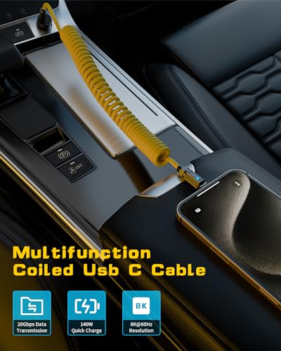 Premium Poyiccot Coiled USB C to USB C Cable – 140 W Power Delivery, 20 Gbps High-Speed Data Transfer, 8 K Video Output | Durable Spring Design for Tangle-Free Travel | Perfect for i Phones, Mac Books & More | 5 ft Length for Effortless Organization and Versatile Use