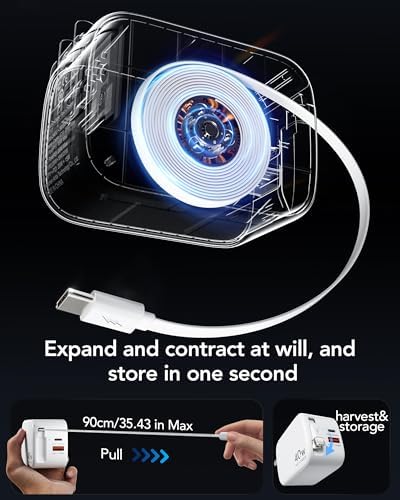 Rapid 35 W Ga N USB Wall Charger with Retractable Lightning Cables – Portable and Sleek Charging Solution for i Phone 14/13/12 & i Pad – Tangle-Free Design for Effortless Travel and Enhanced Compatibility with Apple Devices