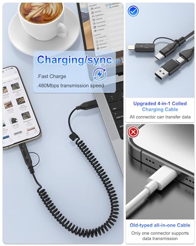 Coiled 4-in-1 USB C to C & Lightning Charging Cable Set – 3 FT Fast Charging Cord for i Phone 15/16, Samsung Devices, Compatible with Apple Car Play & Android Auto – Tangle-Free Design for Ultimate Convenience and Reliability