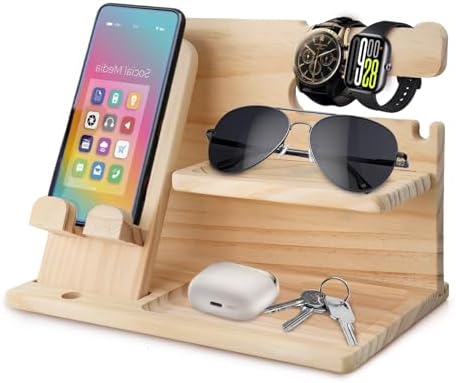 Stylish Wood Nightstand Organizer for Men – Elegant Beige Phone Docking Station & Desk Accessory with Dedicated Compartments for Keys, Wallets, Glasses – Practical Gift Idea for Birthdays & Special Occasions – Enhance Your Bedroom Aesthetics & Simplify Your Nightly Routine