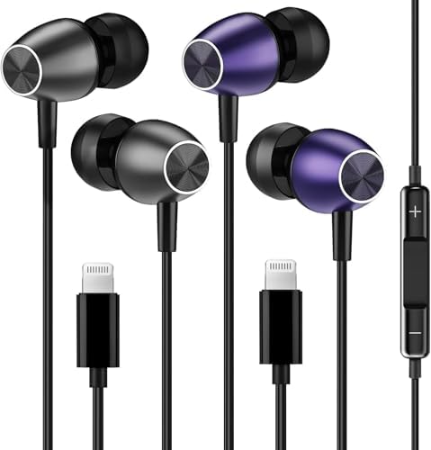 Keyron MFi Certified Lightning Earbuds for i Phone – Premium Wired Headphones with In-Line Microphone & Volume Control, Compatible with i Phone 14/13/12/11/XR/XS/X/8/7/SE/Pro/Pro Max – Stylish Black & Purple Duo for Exceptional Sound Quality and Everyday Versatility