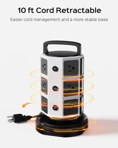 JACKYLED Power Strip Tower Surge Protector with 12 Outlets and 6 USB Ports (2 USB-C) – High-Speed Charging Station with 1050 Joules Protection, 1625 Watts, 6.5 ft Extension Cord for Enhanced Home Office Efficiency and Device Safety
