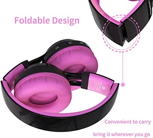 Riwbox AB005 Kids Wireless Headphones – Colorful Over-Ear Bluetooth Headset with Dynamic LED Lights, FM Radio, and TF Card Slot – Ideal Audio Companion for Tablets and TVs, Stylish Black & Pink Design for Young Music Lovers – Fun, Durable, and Safe Sound Solution for Kids
