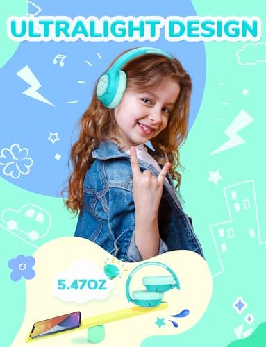 i Clever Kids Headphones: Safe 85 d B Volume Limit, Ergonomic Foldable Design, Superior Stereo Sound, 3.5 mm Jack Compatibility – Ideal for Travel, School & Home Use – Stylish Blue-Green for Boys & Girls