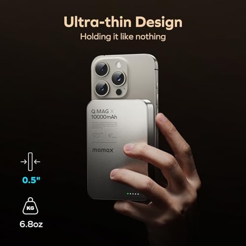 MOMAX 5000 m Ah Ultra-Slim Magnetic Power Bank – 0.3-Inch Portable Charger with 20 W Fast Wired & 15 W Wireless Charging, Compatible with Mag Safe and i Phone 15/14/13/12 Series, Includes USB-C Cable, Black – Lightweight Travel Companion with Strong N52 Magnet for Optimal Alignment & Advanced Safety Features for Secure Charging