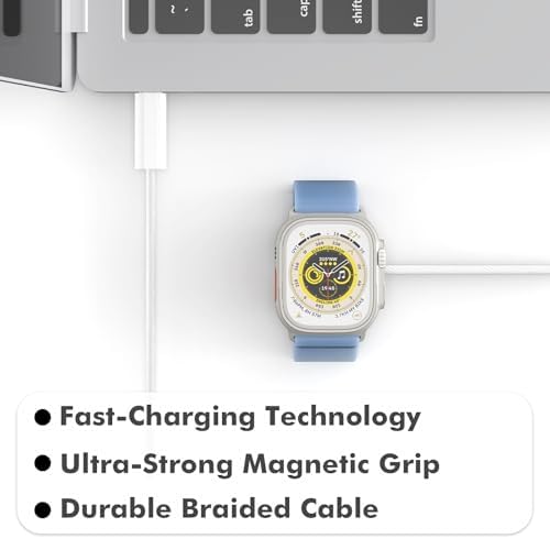 Ultra-Fast Magnetic Charger for Apple Watch – USB-C Power Cable with 3 Ft Length for Series 10, 9, 8, 7, 6 & SE – 2-3 Hour Rapid Charge with Intelligent Smart IC Technology – Sleek White for Optimal Compatibility & Durability on the Move