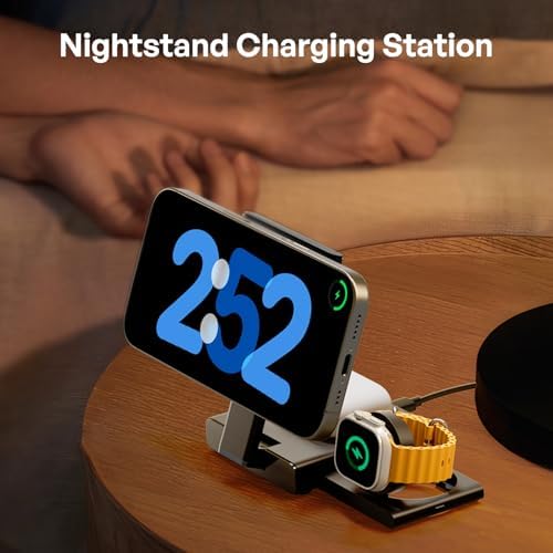 Ultimate 3-in-1 Travel Wireless Charging Dock for i Phone, Apple Watch & Air Pods – Foldable Mag Safe-Compatible Fast Charging Station with 20 W Adapter for Enhanced Portability and Convenience