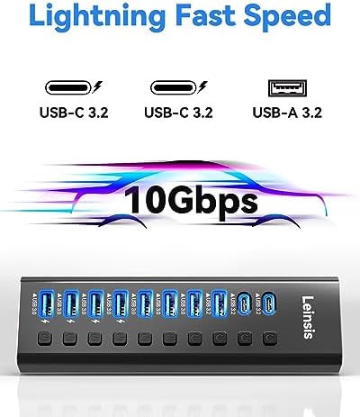 LEINSIS Ultra-Fast 10-Port USB Hub 3.2 – Premium Aluminum Design with 2 USB-C & 7 USB 3.0 Ports for Lightning-Speed Data Transfer – Individual On/Off Switches & 12 V Adapter for Ultimate Device Control and Compatibility