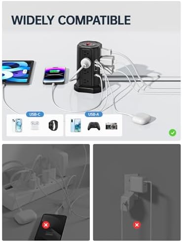Revolutionize Your Charging Experience: 10 FT Surge Protector Power Strip Tower with 16 Outlets & 4 USB Ports – Efficient Desk Charging Station for Home, Office, or Dorm Room – Ultimate Space-Saving Solution with Robust 1625 W Power Output and Enhanced Safety Features