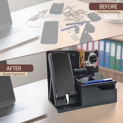 Sleek 3-in-1 Wood Phone Docking Station with Hidden Charging Hole & Drawer – Multifunctional Organizer for Phones, Keys, Glasses & Accessories, Ideal Men’s Desk Solution (Brown) – Premium Quality & Enhanced Compatibility