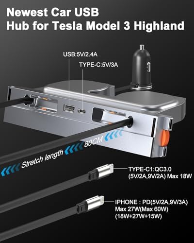 Revolutionize Your Tesla Model 3 and Model Y with Our Waterproof USB Hub – Fast Charging Docking Station for 2021-2024 Models, Multi-Port Design for Effortless Device Connectivity, Perfect Fit for Center Console (Excludes Model 3 2024) – Superior Durability and Seamless Power Solutions for Tesla Enthusiasts