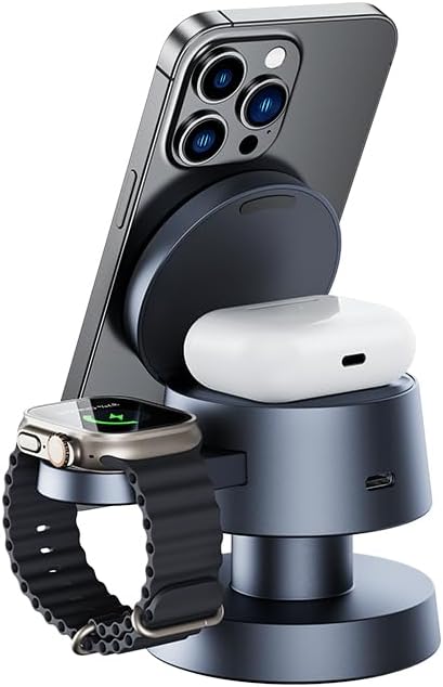 Magnetic 4-in-1 Wireless Charging Dock with 15 W Fast Charge and Adjustable Night Light for i Phone 16/15/14/13 Pro Max, Apple Watch, and Air Pods – Elegant Sand Gold Design for a Clutter-Free Charging Experience and Versatile Nighttime Use – Perfect Holiday Gift Option!