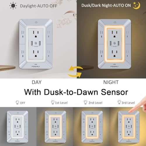 Maximize Your Charging Efficiency with the POWRUI 6-Outlet Extender & USB Wall Charger – Versatile Surge Protector with Dual 2.4 A USB Ports, Integrated Night Light, 3-Sided Design for Optimal Space Utilization, ETL Certified Safety, Ideal for Home and Office Use