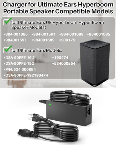 Ultimate Ears Hyperboom 19 V AC Power Adapter – Reliable Charger for Uninterrupted Bluetooth Sound – Lightweight, Durable Power Supply for Enhanced Audio Experience – Compatible with Models S00175, 884-001085, 984-001591, 984-001689 – Perfect for Parties, Picnics, and Home Use