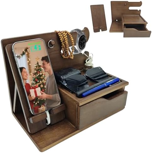 Sleek 3-in-1 Wood Phone Docking Station with Hidden Charging Hole & Drawer – Multifunctional Organizer for Phones, Keys, Glasses & Accessories, Ideal Men’s Desk Solution (Brown) – Premium Quality & Enhanced Compatibility