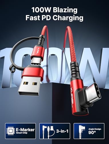JSAUX 100 W USB C Cable 2-Pack – 10 FT Right-Angle Charging Cords with Fast Data Transfer for i Phone 16, Samsung Galaxy, i Pad & Mac Book – Durable & Flexible Design for Effortless Charging in Tight Spaces