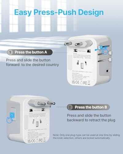 VINTAR Universal Travel Adapter: All-in-One Power Converter with 6 A Output, 3 USB-C and 2 USB Ports for Fast Global Charging Across Europe, UK, USA, and Australia – Essential Travel Accessory for Effortless Device Connectivity and Safety Features