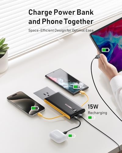 Ultimate Travel Power Bank with Built-in Cables and Wall Plug – 10,000 m Ah Fast Charging Battery Pack for i Phone 16/15/14/13 & i Pad – Sleek Yellow Design for Maximum Compatibility and Convenience