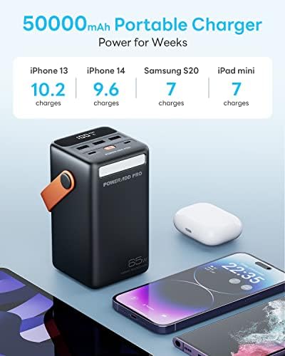 Ultra-High Capacity 50000 m Ah Portable Power Bank with PD 65 W Fast Charging – Versatile USB-C Charger for Laptops, i Phones & Samsung Devices – Sleek Black Design for Outdoor Adventures & Travel with LED Battery Indicator