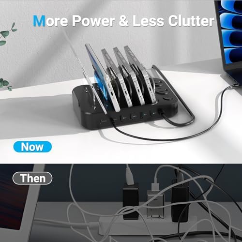 Sleek 6-Port USB Fast Charging Station with 60 W Output & 7 Versatile Cables – Essential Multi-Device Charger for i Phone, i Pad, Tablets, and Kindles – Ultimate Home and Office Organization Solution for Effortless Charging and Efficiency