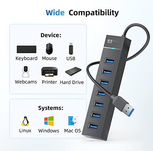 Ultimate 7-Port USB 3.0 Hub by SAN ZANG MASTER – High-Speed Data Transfer at 5 Gbps for Laptops and Desktops, Effortlessly Connect Printers, Cameras, Keyboards, and More with 1.6 FT (50 cm) Cable – Compact, Durable, and Plug-and-Play Convenience for Enhanced Productivity