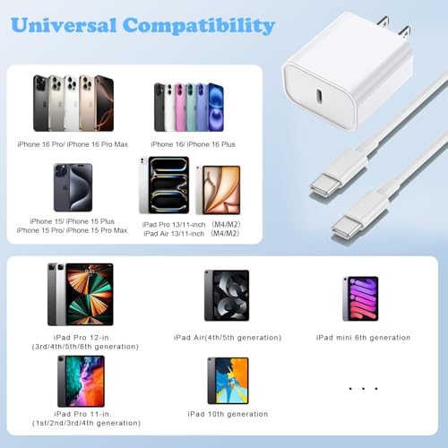 Enhanced Speed and Versatility: Dual-Pack Fast Charging i Phone Charger with 6 FT USB-C to Lightning Cable – Compatible with i Phone 14 Pro Max, 14 Plus, 13 Pro, 12 Mini, 11, XS, XR, X & i Pad – Efficient Power Delivery for Home and Travel