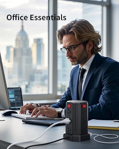 SMALLRT Power Tower Surge Protector – 10 Ft Extension Cord with 12 AC Outlets & 4 USB Ports (1 USB-C) – Ultimate Charging Station for Home & Office – Enhanced Device Compatibility & Safety