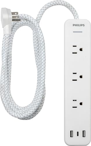 Philips EZFit Surge Protector with 3 Outlet Power Strip and 6 ft Braided Cord – Enhanced Charging Station Featuring 2 USB-A and 1 USB-C, 490 Joules of Surge Protection, Space-Saving Design in Sleek White for Home and Office Use