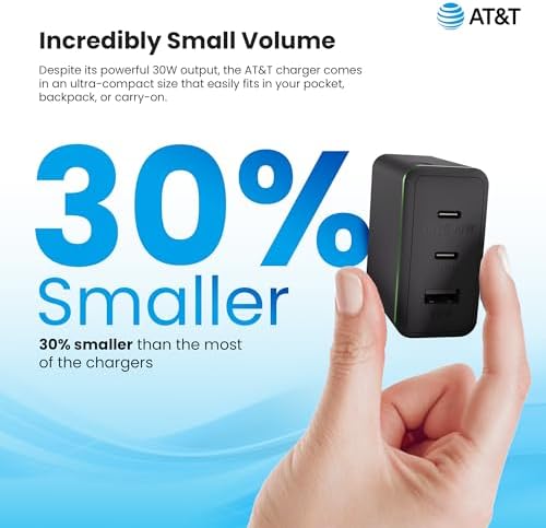 AT&T 40 W USB-C Fast Charging Wall Adapter – Ultimate Travel Companion with Foldable Prongs for i Phone, i Pad, Samsung Galaxy, Google Pixel & More – Universal Compatibility for Rapid Power Delivery Anytime, Anywhere