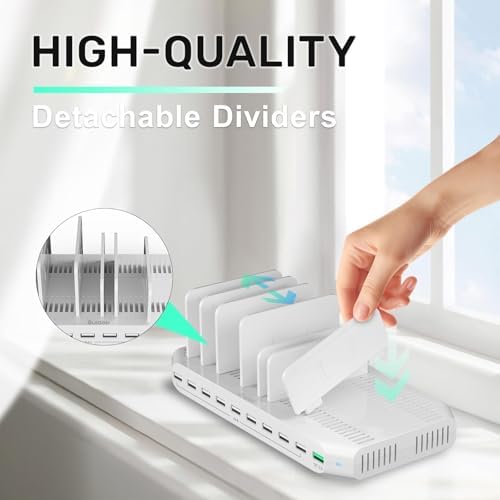 Ultimate 10-Port USB Charging Station with QC3.0 – 60 W Multi Charger Hub for Tablets & Smartphones, Customizable Dividers for Organized Power Management, Fast Charging Technology for Home & Office Use