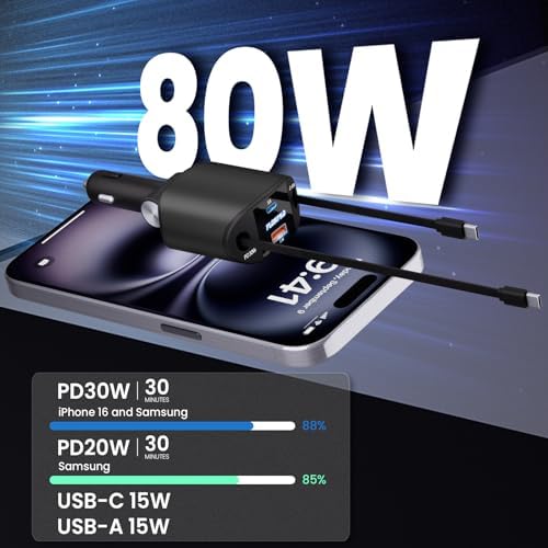 Experience Ultimate Power on the Road: PLDHPRO 80 W Retractable Car Charger – 4-in-1 Fast Charging Adapter with Dual Type-C Cables for i Phone 16, i Pad, and Samsung – Essential Vehicle Accessory for Efficient Charging and Easy Storage – Perfect Gift for Tech Enthusiasts and Travelers