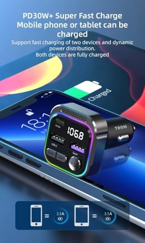 Tron 30 W Bluetooth FM Transmitter: Dual USB-C & USB-A Fast Charging Car Adapter with Enhanced Compatibility for Seamless Streaming and Hands-Free Calling – Ideal for Modern Drivers Seeking Efficiency and Style