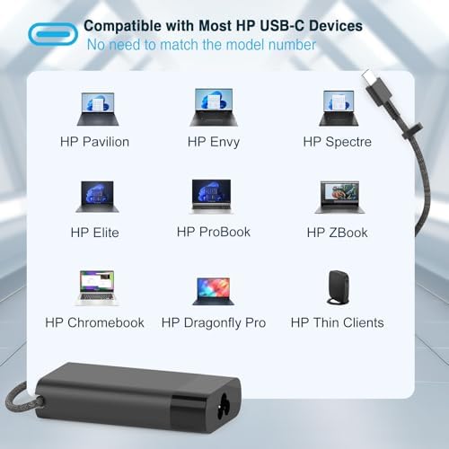 Premium 65 W USB-C Laptop Charger for HP Spectre, Envy & Elite Series – Ultra-Slim AC Adapter with 10 FT Braided Cable, Rapid Charge Technology, Enhanced Battery Longevity & Comprehensive Safety Features – Original Quality with 12-Month Warranty
