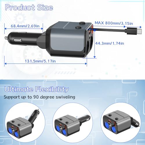 High-Power 180 W Retractable Car Charger with Dual QC 3.0 & PD 36 W Fast Charging | Integrated LED Voltmeter & Replaceable 15 A Fuse for Enhanced Safety | Multi-Device Cigarette Lighter Splitter for GPS, Dash Cams & Smartphones | Tangle-Free PD 30 W Lightning Cable Included