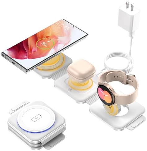Ultra-Compact 3-in-1 Wireless Charging Station for Samsung Devices – Foldable Travel Charger Pad for S25, S24, S23 Ultra, Z Flip, and Fold 6; Fast Wireless Charger for Galaxy Watch 7/6 and Buds 3 Pro – Sleek, Portable Design for On-the-Go Power Solutions