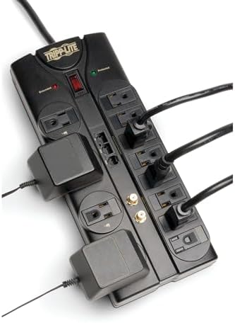 Tripp Lite 12-Outlet Surge Protector Power Strip with 8 ft Cord and Right-Angle Plug – Advanced Protection for Modems, Telephones, Coaxial & Ethernet Devices – $250,000 Equipment Insurance Included – Optimize Your Workspace with Reliable Surge Defense and Enhanced Connectivity Solutions