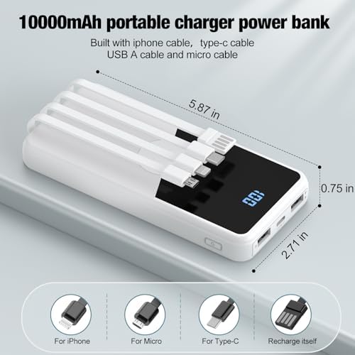 Ultimate Portable Charger with Built-in Cables – 10,000 m Ah High-Speed Power Bank for On-the-Go Charging – 5 Outputs & 3 Inputs – Sleek Purple Travel Battery Pack for i Phone, Samsung, i Pad, Tablets – Enhanced Durability & Convenience