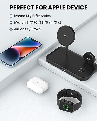 Magnetic Wireless Charging Station for i Phone 15/14/13/12 Pro Max & Apple Devices – Joy Geek 3-in-1 Fast Charger Pad for i Phone, Apple Watch Ultra 9-2, and Air Pods – Compact Design with Enhanced Compatibility and Secure Magnetic Alignment