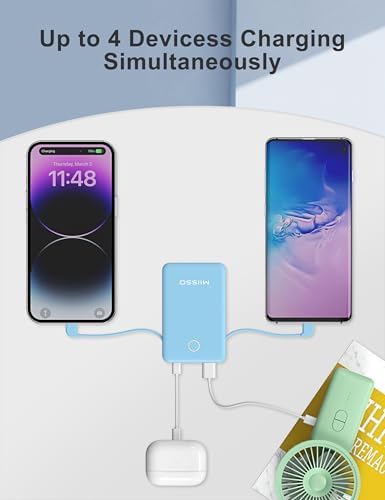 Ultra Slim 6000 m Ah Power Bank with Built-In USB C Cords – Card-Sized Portable Charger for Effortless On-the-Go Charging, Triple Output for i Phone, Samsung, Google Devices – Stylish and Compact Battery Pack for Enhanced Efficiency and Versatility
