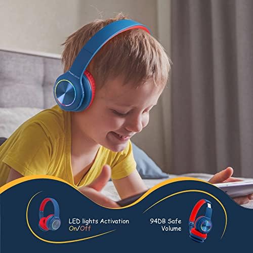Vibrant Power Locus PLED Kids Bluetooth Headphones – Safe Volume Control (74/85/94 d B), Fun LED Lights, Hi-Fi Sound, Built-in Microphone & Multi-Connectivity for Travel, Learning & Play – Perfect Over-Ear Design for Children